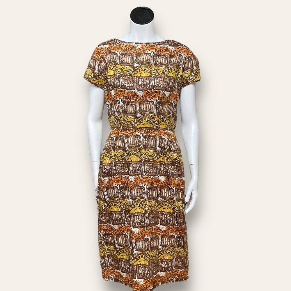 Vintage Cream, orange, yellow, and brown sheathe dress, size small
